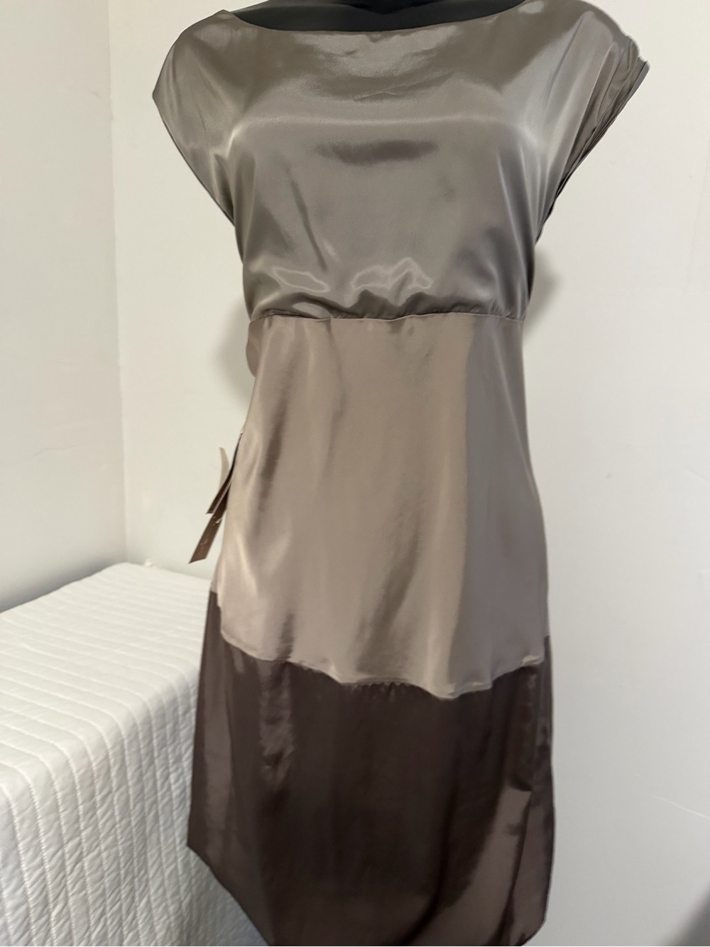 BCBGMaxAzria Three-Tone Satin Midi Dress in Gray, Taupe & Brown